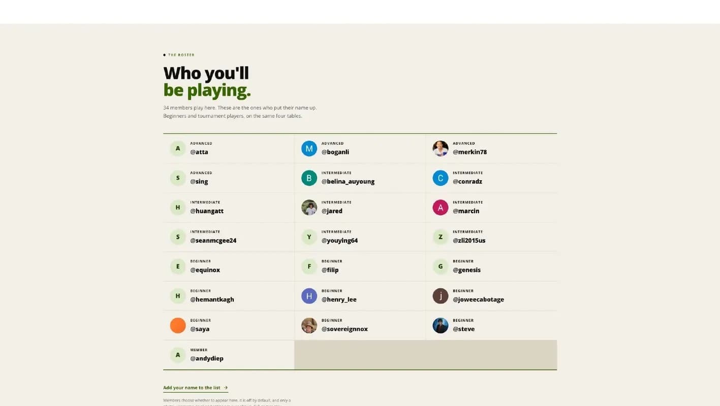 Player directory on the homepage