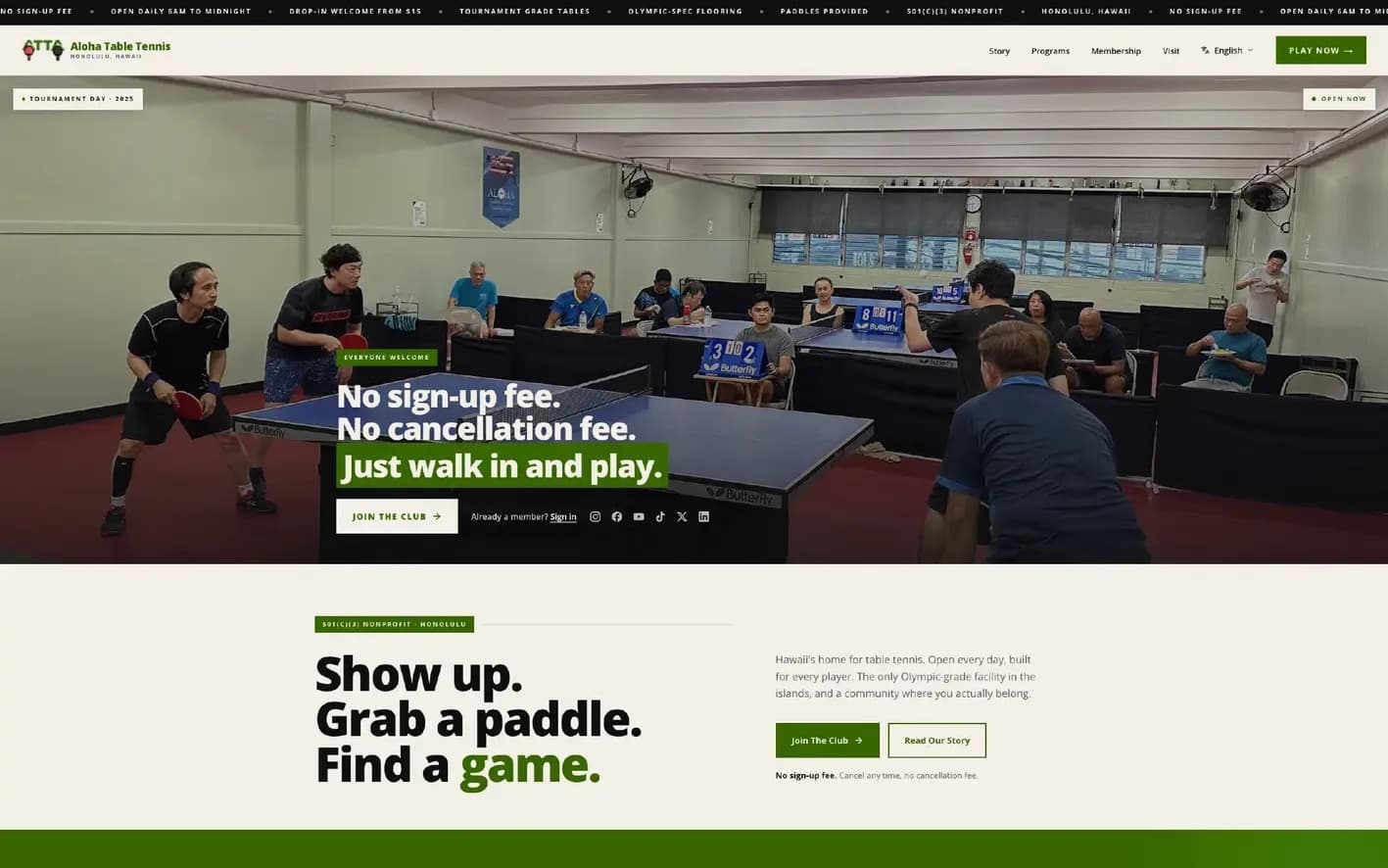 alohatabletennis.org homepage