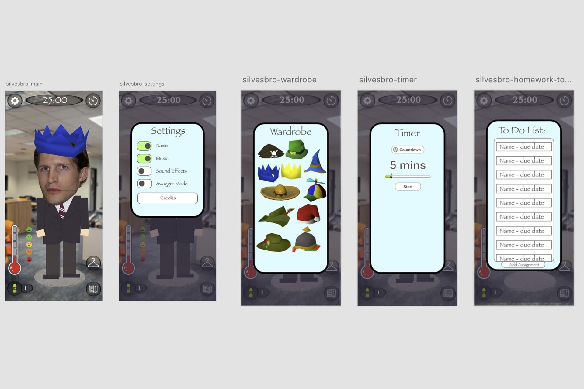 Main, settings, wardrobe, timer, and to-do list screens